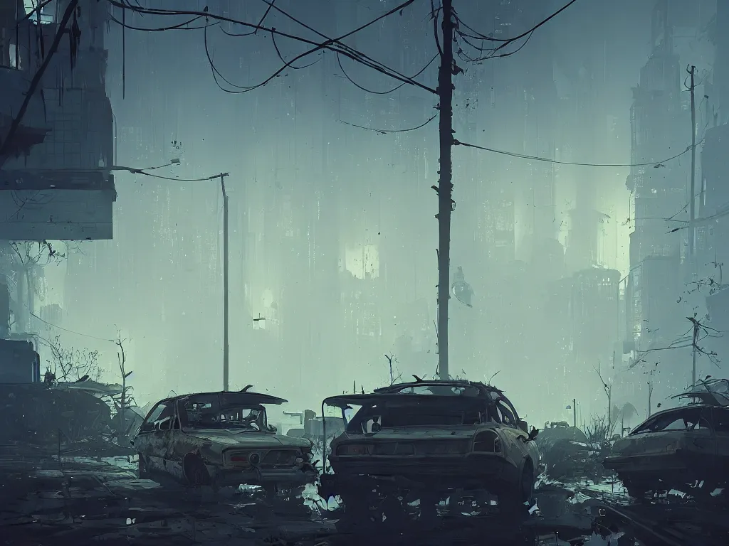 Image similar to post - apocalyptic cityscape overgrown by nature, old cars, destroyed, fog, by atey ghailan, ismail inceoglu, michal lisowski, artstation, volumetric light, high detail, perfect