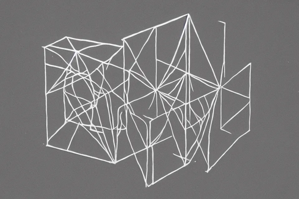 Prompt: geometric anamorphic drawing of a tesseract, by birdo, alex maksiov and john pugh