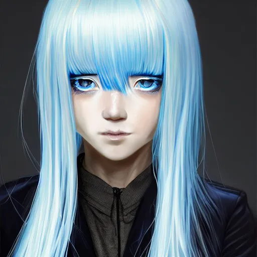 Image similar to full face shot of rimuru tempest, sky blue straight hair, long bangs, with amber eyes, wearing a black jacket, high collar, ultra detailed, concept art, award winning photography, digital painting, cinematic, wlop artstation, closeup, pixiv, evil, yoshitaka amano, andy warhol, ilya kuvshinov,