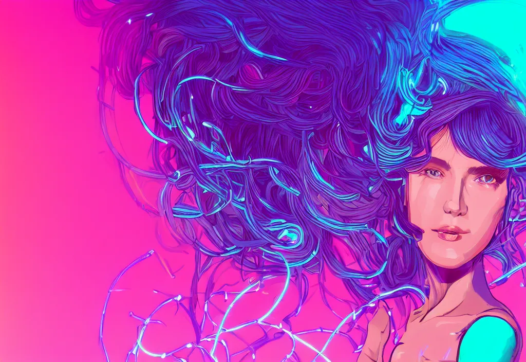 Image similar to a award winning half body portrait of a beautiful woman in a croptop and cargo pants with ombre purple pink teal hairstyle surrounded by whirling illuminated lines, outrun, vaporware, shaded flat illustration, digital art, trending on artstation, highly detailed, fine detail, intricate