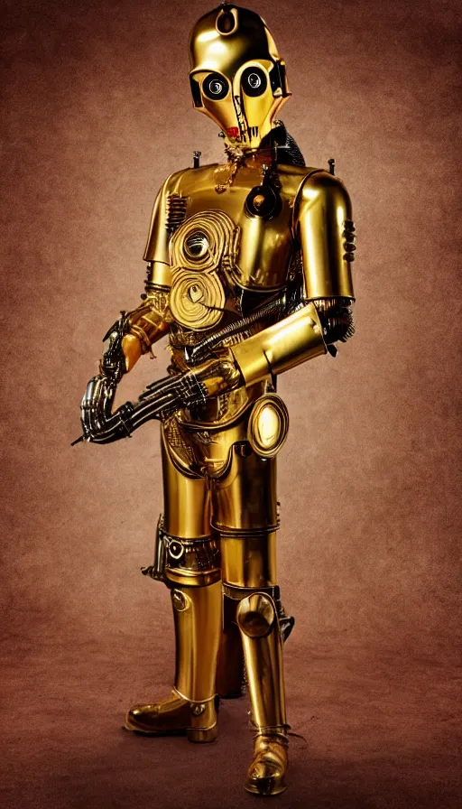 Image similar to steampunk version of c 3 po, promotional photo, studio lighting