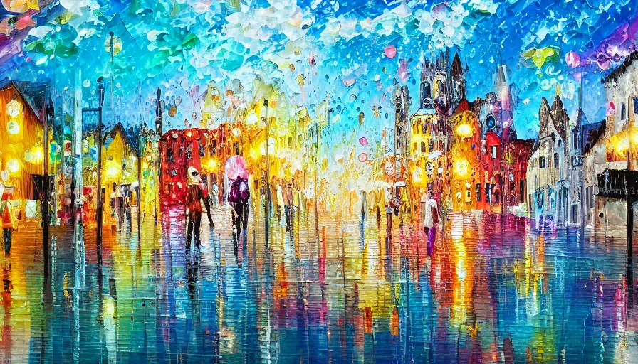 Image similar to town, painting on canvas, watedrops, water droplets, acrylic painting, acrylic pouring, painting, influencer, artstation - h 8 0 0