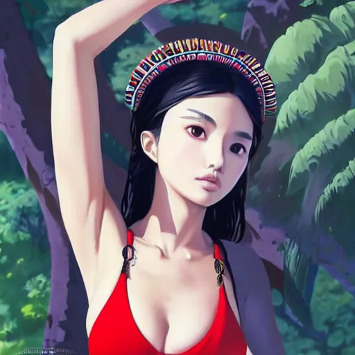 Image similar to a beautiful young japanese natalie portman alluring gravure model, stylized concept art, wearing elegant designer bomber jacket and one piece bikini, bomber jacket with mesoamerican patterns, mesoamerican native street fashion, princess mononoke, painted by ilya kuvshinov aesthetic, gorgeous, stunning, alluring, attractive, artstation, pinterest, digital art