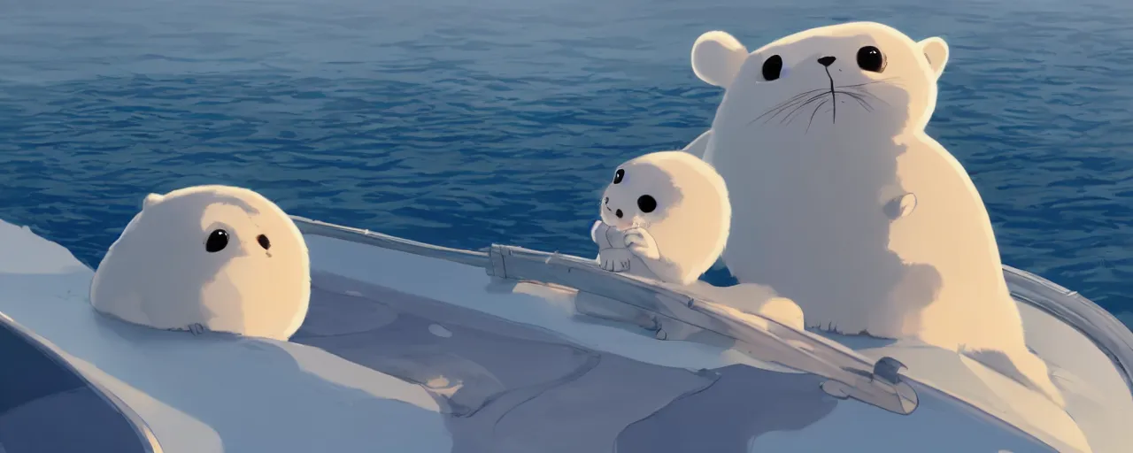 Prompt: baby harp seal on a mega yacht, detailed, atey ghailan, goro fujita, studio ghibli, rim light, exquisite lighting, clear focus, very coherent,