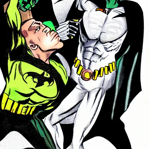 Prompt: the Riddler kissing manly Batman, tabloid, amazing, realistic, trending