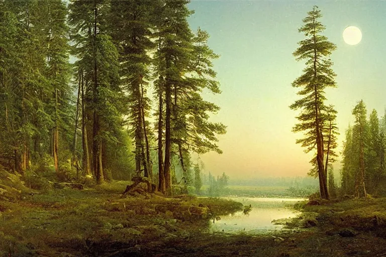 Image similar to A beautiful matte painting of The edge of the Russian forest in summer at night by Ivan Shishkin