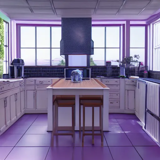 Prompt: vaporwave kitchen, liminal space, high detail, rendered in unreal engine, 3d render, god rays, volumetric lighting, mansion, interior, large windows, rich house