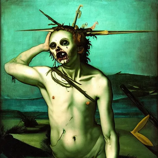 Prompt: painting by caravaggio of a drowned zombie, floating underwater, holding a trident with glowing cyan eyes, wearing ragged clothing, holding a trident, underwater, pastel green and blue color palette