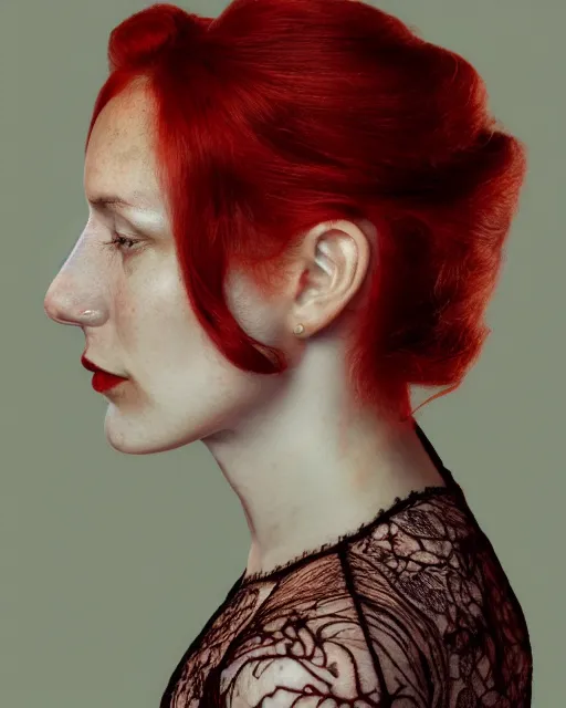 Image similar to a woman's face in profile, red hair, made of intricate lace skeleton, in the style of the dutch masters and gregory crewdson, dark and moody