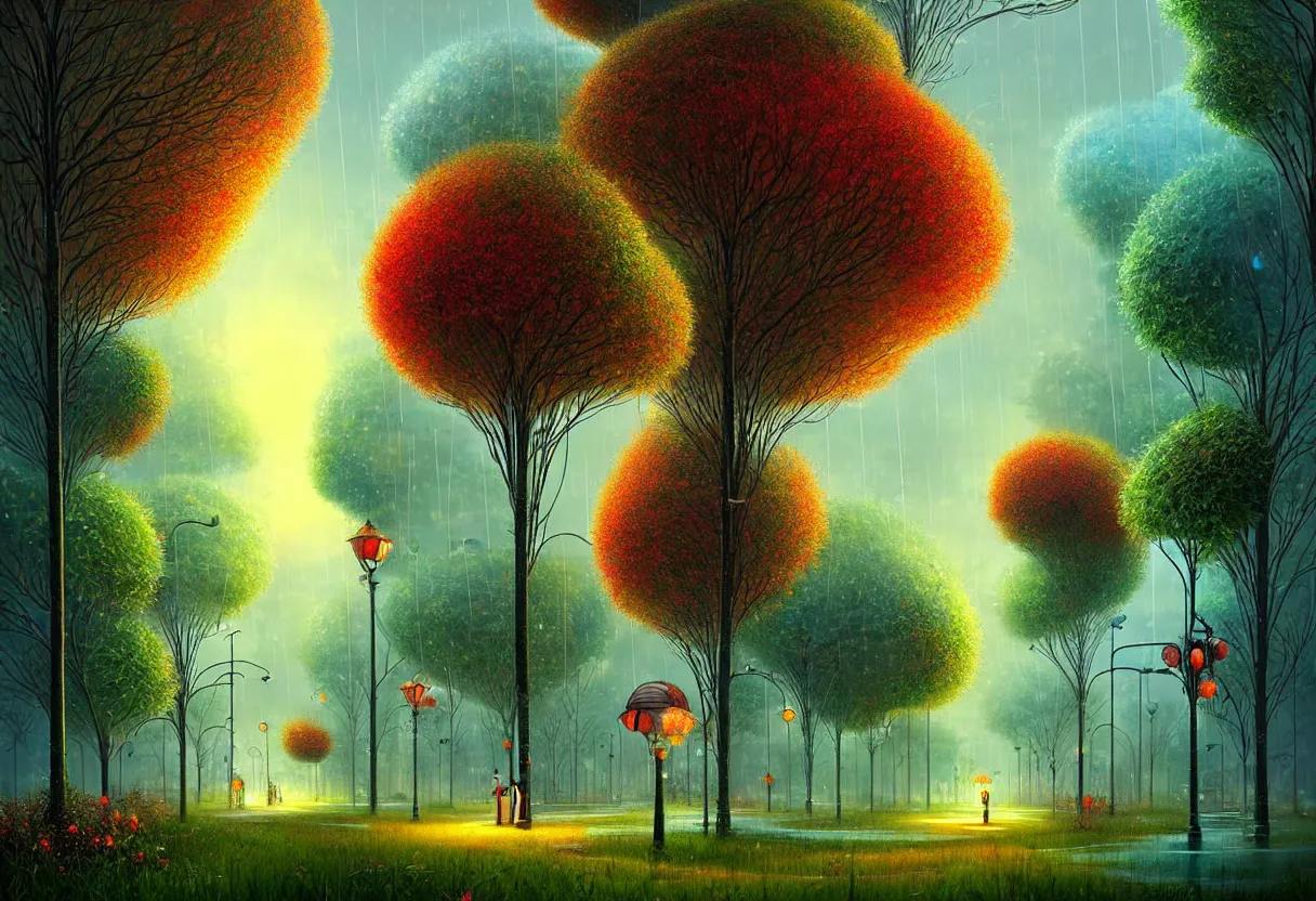 Prompt: beautiful city of the future, overgrown with trees and plants. raining at night with light pole illuminate the patch, nice colour scheme, warm colour. beautiful artistic digital artwork by artist lurid lord god within city bless gediminas pranckevicius