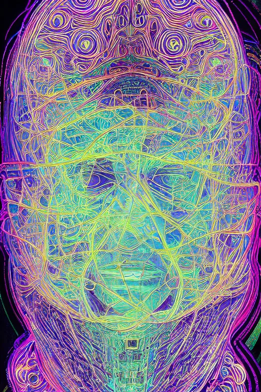 Prompt: A portrait of Thom Yorke as a cyberpunk, iridescent highlights, surrounded by digital swirls, highly detailed, intricate, soft, sci-fi, sharp focus, glowing lines, art by Moebius, Alphonse Mucha