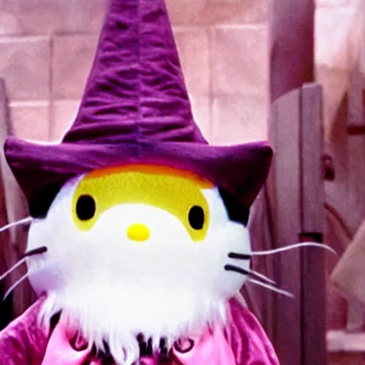 Image similar to portrait of Gandalf dressed up as hello kitty,smiling kindly, movie still from Lord of the Rings