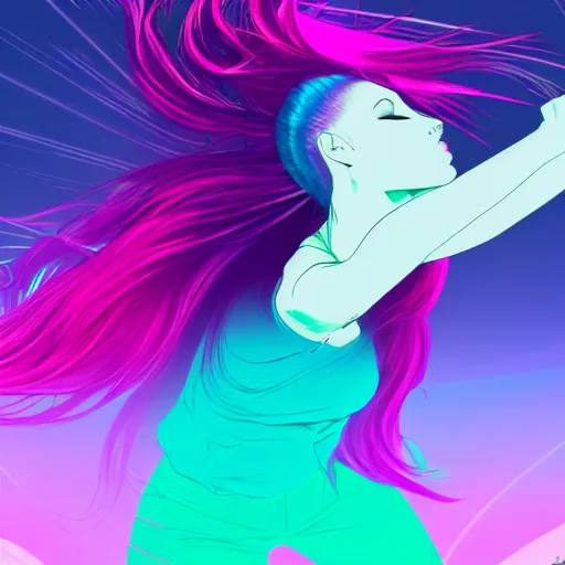 Prompt: a award winning full body shot of a beautiful woman in a croptop with a ombre purple pink teal hairstyle with head in motion and hair flying, outrun, vaporware, vivid colors, highly detailed, fine detail, intricate