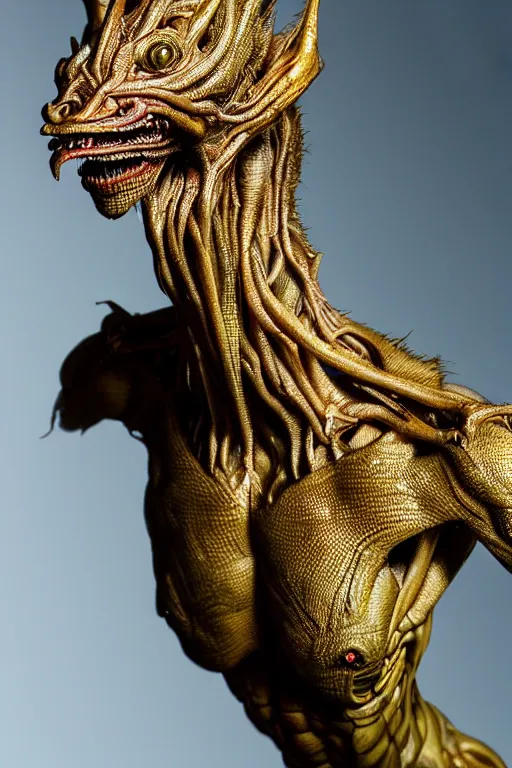 Image similar to photo taken of an epic intricate, ultra detailed, super realistic sculpture of a nightmarish creature created by weta workshop, zoomed in shots, photorealistic, sharp focus, white wall coloured workshop, f 0. 4, face centred, golden ratio, golden hour