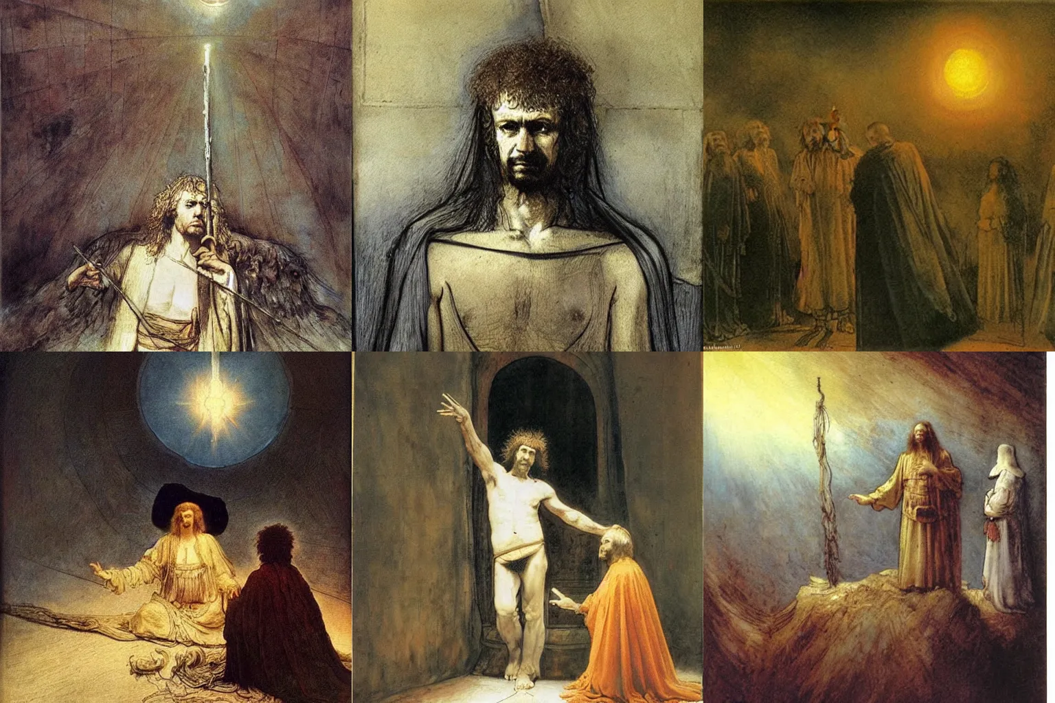 Prompt: the second coming is at hand! painting by rembrandt van rijn, caspar david friedrich and milo manara