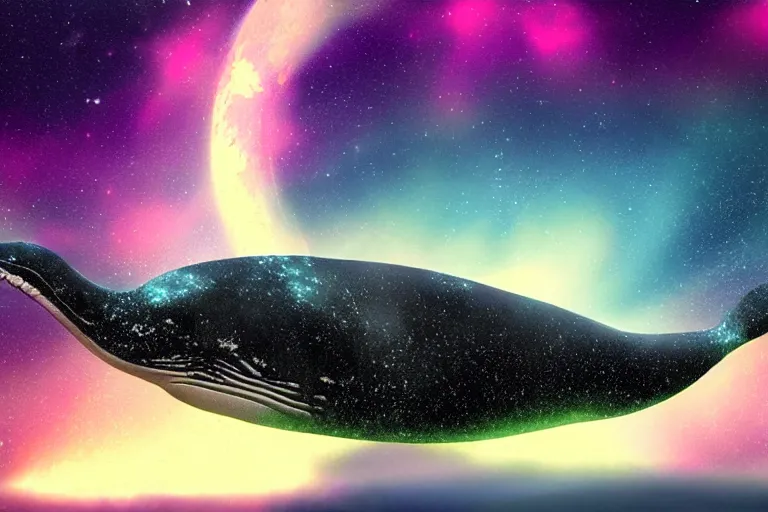 Prompt: a bioluminescent humpback whale swimming through the cosmos, digital art, photorealistic