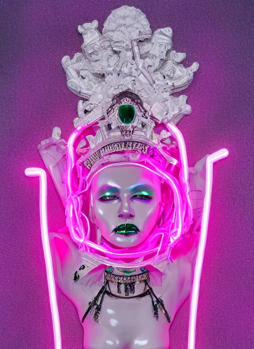 Image similar to photo of fullbodied baroque and bladerunner delicate neon diamond sculpture of seductive onyx albino marble prince kai harvatz dotado pink iridescent skull psychedelic, reclining, glowing magenta face, crown of white diamonds, cinematic lighting, photorealistic, octane render 8 k depth of field 3 d