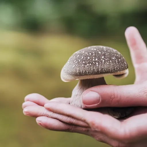 Prompt: hands holding a mushroom with slug texure