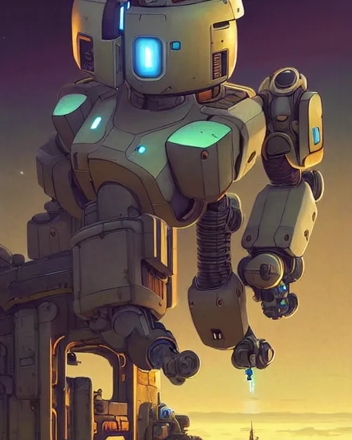 Prompt: bastion the friendly robot from overwatch, character portrait, portrait, close up, concept art, intricate details, highly detailed, vintage sci - fi poster, retro future, in the style of chris foss, rodger dean, moebius, michael whelan, katsuhiro otomo, and gustave dore