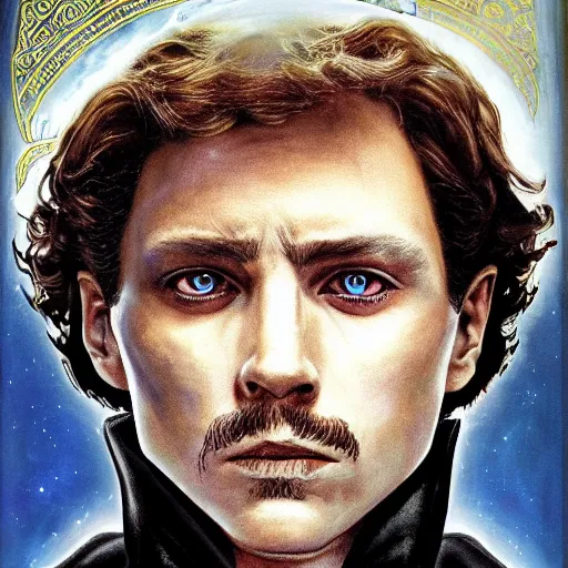 Image similar to paul atreides emperor of the known universe, perfect dramatic and dark portrait, dune