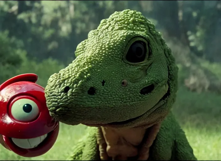 Image similar to film still of yoshi in the new sci - fi movie, cute upright standing upright upright dinosaur standing on its hind legs with a small red turtle shell and sticking out a long sticky tongue, 8 k