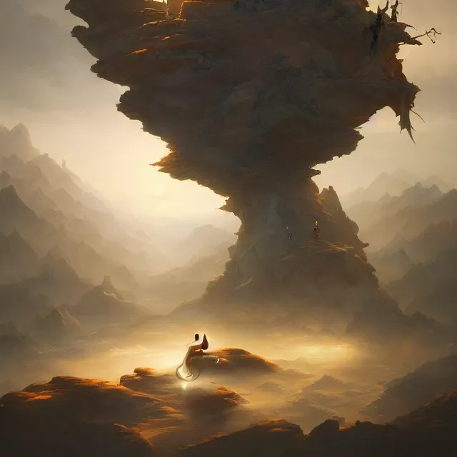 Prompt: in the style of peter mohrbacher, a glowing monk floating and meditating on a rock, dystopian landscape, intricate, masterpiece, award winning, fantasy, hyperrealism intricate