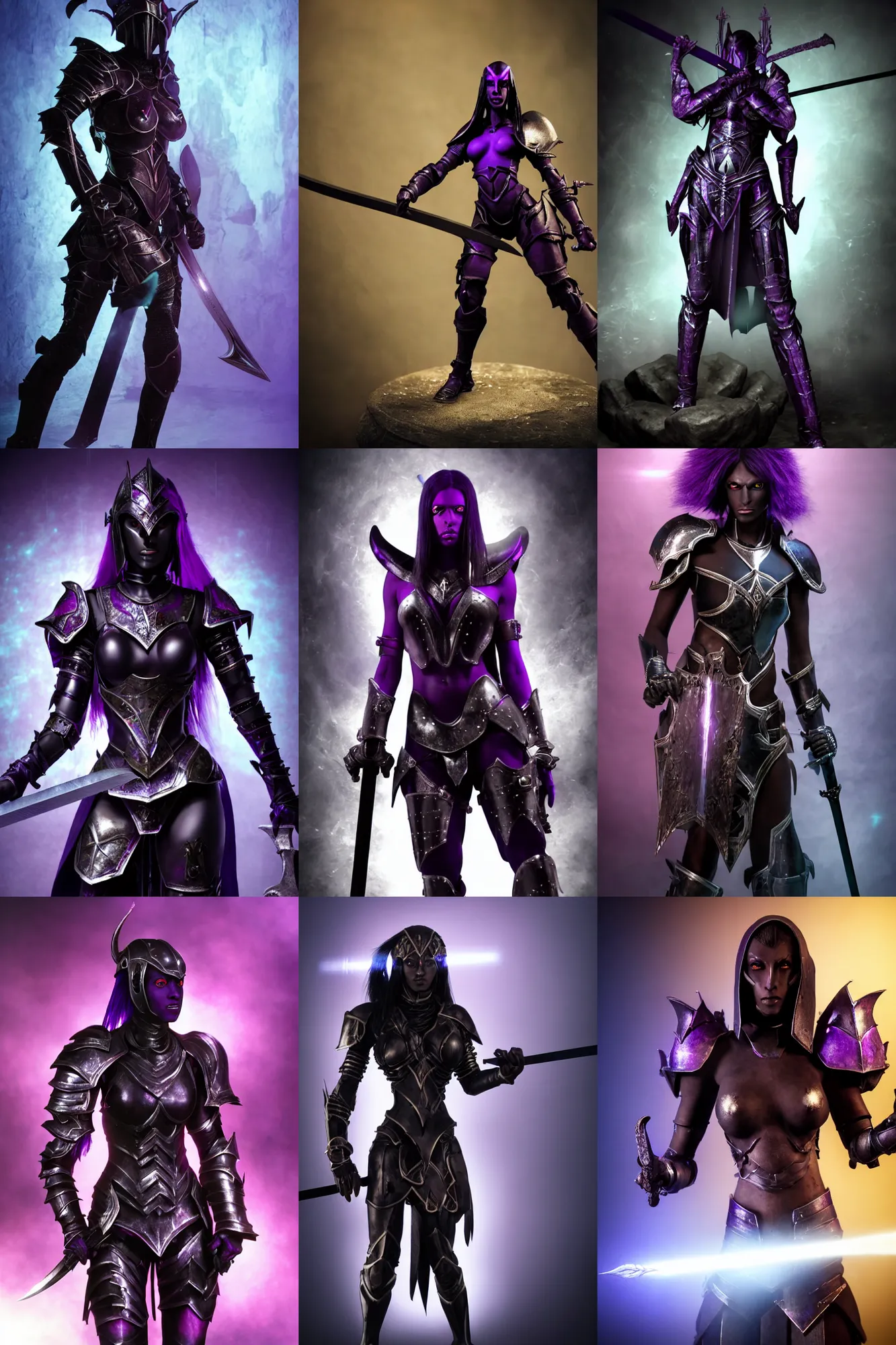 Prompt: an ultra high definition coloured film photograph of female dark elf with dark black purple skin wearing metal armour and sword sat in an underground environment. close up. three point lighting. volumetric. refraction. extremely detailed. soft focus. ambient light sources. haze artefacts, light glare, art directed. filmic.