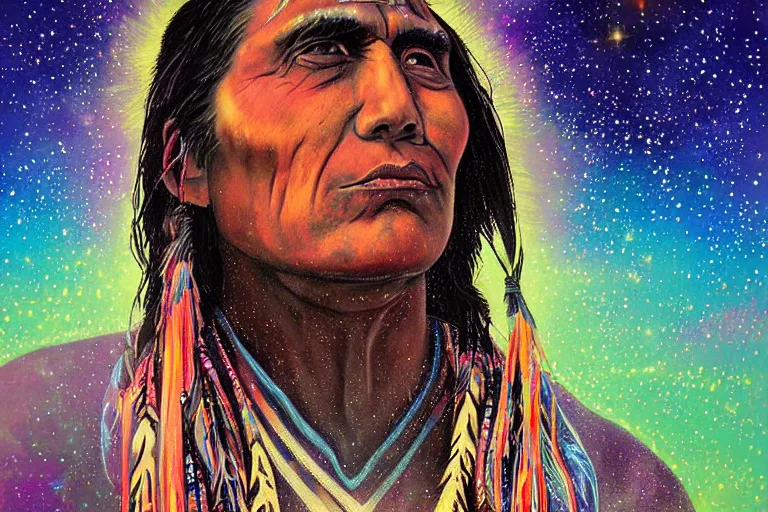 Image similar to digital art of a spiritual native american man looking up at the stars, acrylic art, universe, painting, pastel colors, synthwave, retro, cyberpunk,