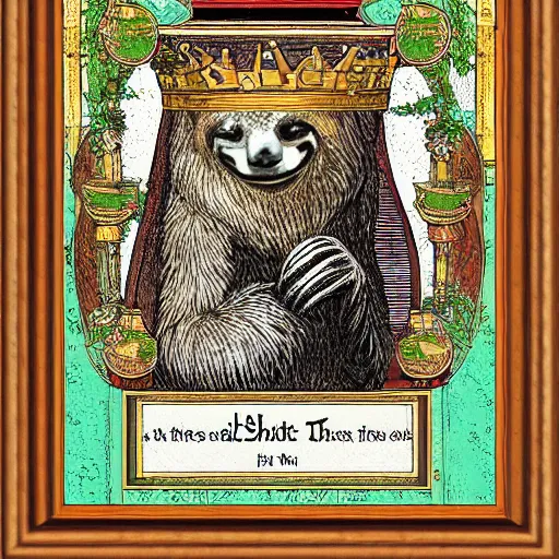 Image similar to sloth as the king of cups, framed, intricate details, medieval art style, posterized
