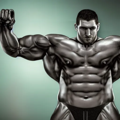 Image similar to a realistic detailed photo of a bodybuilder who is also a male android Chris Redfield, shiny skin, posing robotically, blank stare