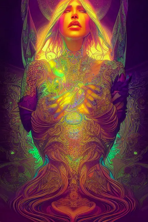 Prompt: psychedelic acid trip, blacklight reactive, sexy, [[fantasy]], intricate, elegant, highly detailed, digital painting, artstation, concept art, matte, sharp focus, illustration, art by Artgerm and Greg Rutkowski and Alphonse Mucha