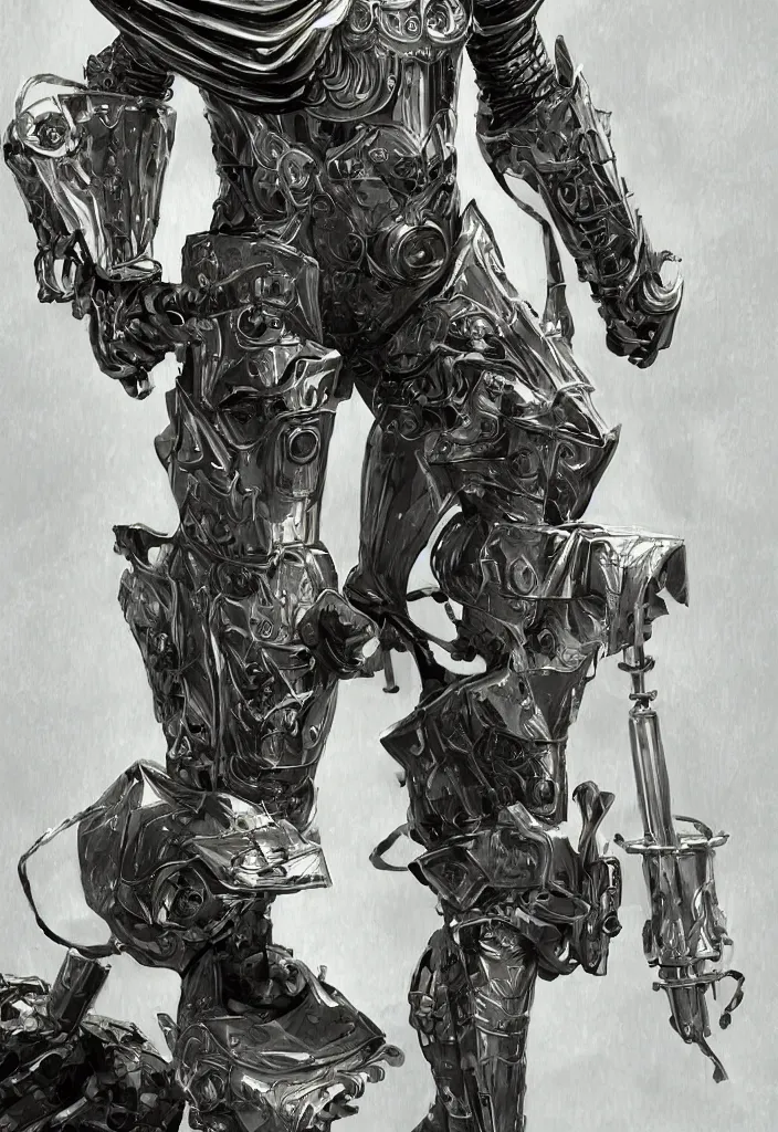 Prompt: powerful male tin man, willem dafoe as tinman, full body character concept, covered in full metal armor, art nouveau, super powers, fantasy, intricate, elegant, highly detailed, digital painting, artstation, concept art, shining, sharp focus, illustration, art by stanley lau