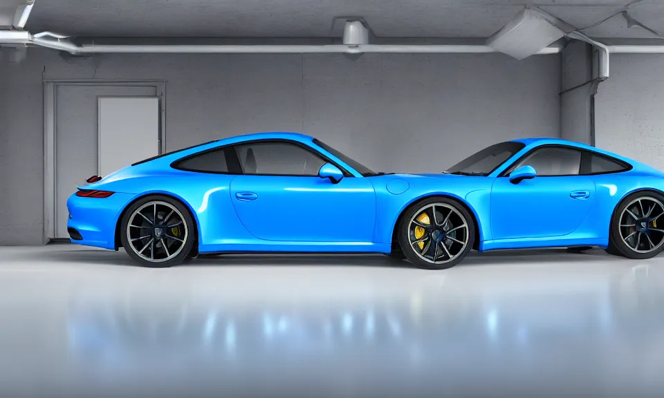 Image similar to photograph of a blue porsche 911 standing in a garage, centered, mist, volumetric light, cinematic lighting, octane render, 4k, ultra realistic, reflections, cinematic