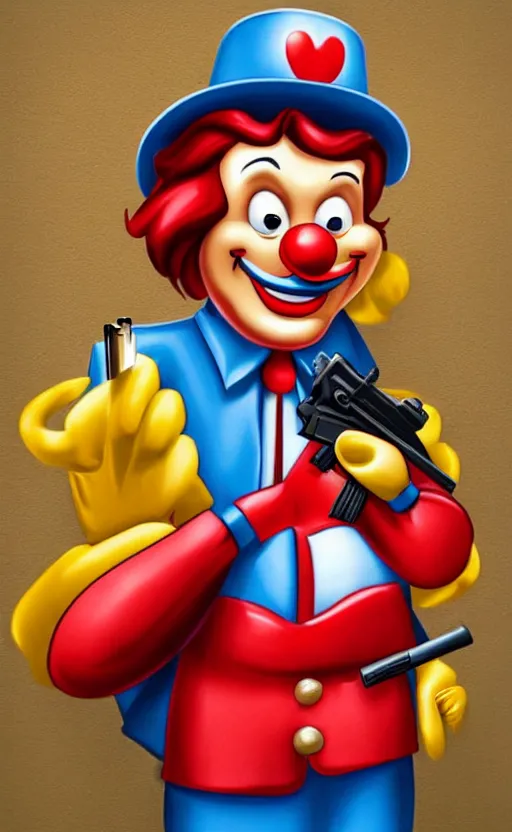 Prompt: a incredible photo of ronald mcdonald robbing a bank with a gun. award winning. very high quality. hq. hd.