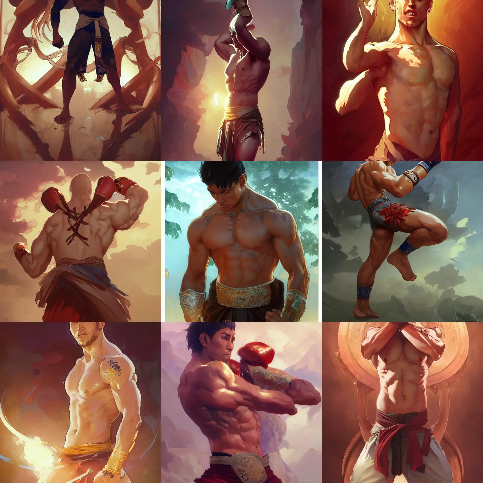 Prompt: male kickboxer, art by artgerm and greg rutkowski and magali villeneuve and alphonse mucha and rossdraws and makoto shinkai, d & d, fantasy, highly detailed, digital painting, trending on artstation, concept art, sharp focus, illustration