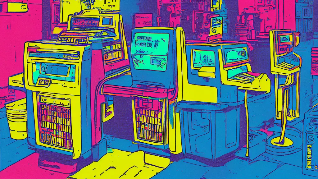 Prompt: cmyk risograph print cynical convenience store robo - cashier