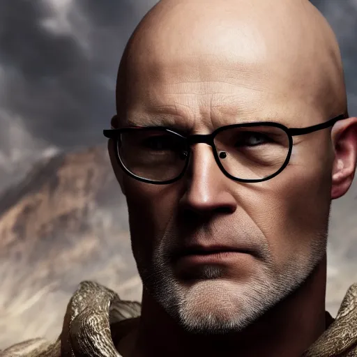 Prompt: bald white man wearing glasses in elden ring ( 2 0 2 2 ), 8 k wide shot