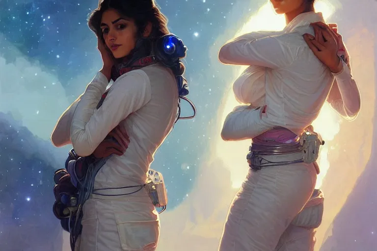 Image similar to Sensuous good looking pale young Indian doctors wearing jeans in a space station above Earth, portrait, elegant, intricate, digital painting, artstation, concept art, smooth, sharp focus, illustration, art by artgerm and greg rutkowski and alphonse mucha