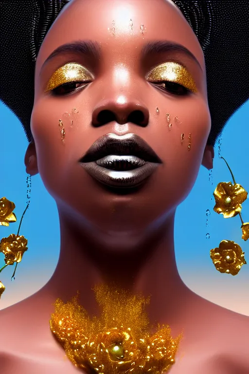Prompt: hyperrealistic precisionist cinematic profile very expressive! black oshun goddess, in water! up to shoulders, mirror dripping droplet!, gold flowers, highly detailed face, digital art masterpiece, smooth eric zener cam de leon, dramatic pearlescent turquoise light on one side, low angle uhd 8 k, 3 0 0 mm focal length
