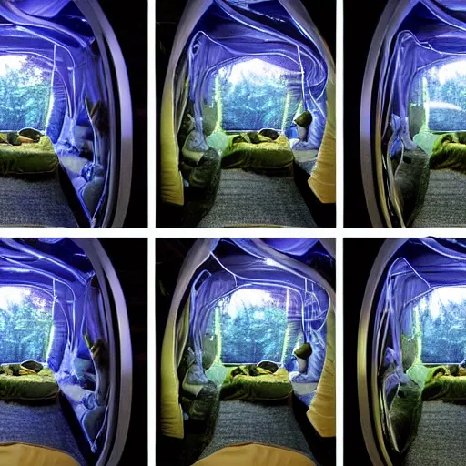 Image similar to cybernetic sleeping pods, diverse humans sleeping individual healing pods, humans sleeping in healing pods, wide wide angle, night, elaborate, forest, highly detailed, dim lighting