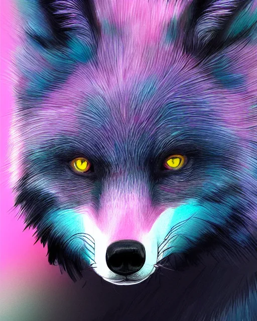 Prompt: black pink green blue white fox looking into the camera, extremely detailed, digital painting, artstation, concept art, smooth, sharp focus, illustration