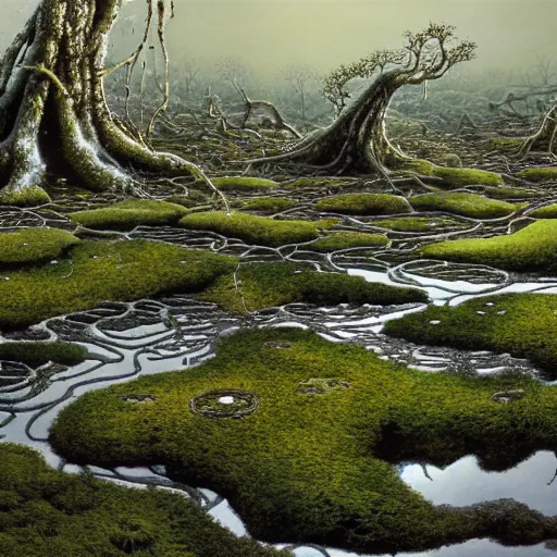 Image similar to panoramic view, superintelligent ecological matrix of moss and lichen dotted biomechanical trees growing on junkyard heaps of electronics and automobiles among puddles of glistening oil, artists bev doolittle and philippe caza, high contrast cinematic light, mystical shadows, sharp focus, octane render, three dimensional autostereogram optical illusion, repeating patterns