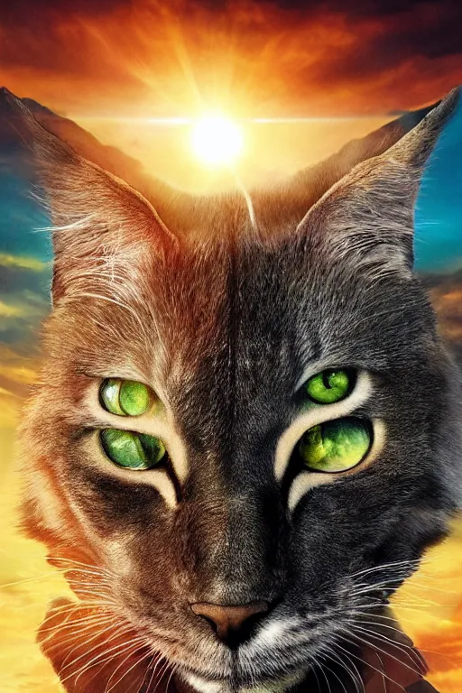 Image similar to a movie poster for warrior cats, depth of field, sun flare, hyper realistic, very detailed, backlighting, cgi, by wayne mclouglin