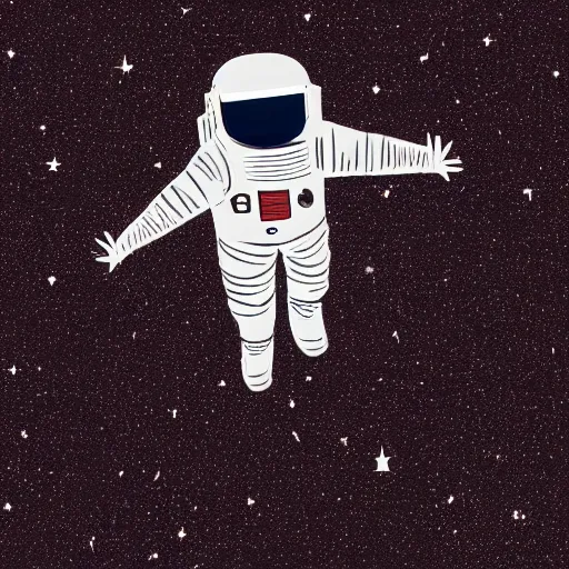 Prompt: man in silver space suit walking on catwalk suspended in the darkness of space, surrounded by stars, isometric view