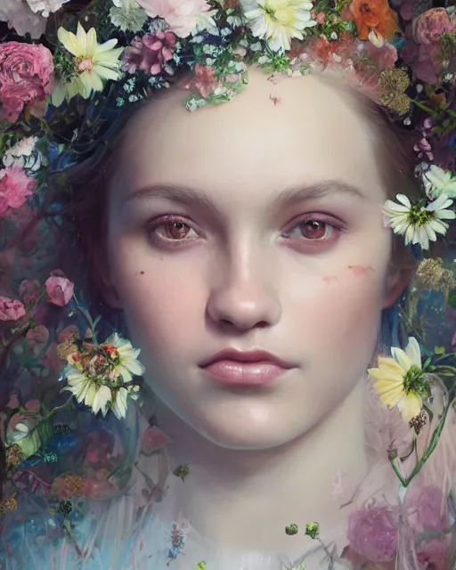 Image similar to portrait of a young swedish girl, 2 0 years old, surrounded by flowers by karol bak, james jean, tom bagshaw, rococo, sharp focus, trending on artstation, cinematic lighting, hyper realism, octane render, 8 k, hyper detailed.