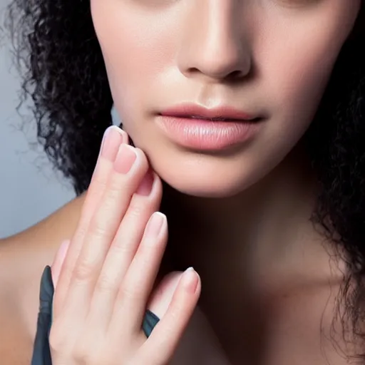 Image similar to close - up of brunette model holding up hand highlighting large diamond ring, studio lighting, studio photography, high resolution, perfect face, sharp focus, ring light, dslr