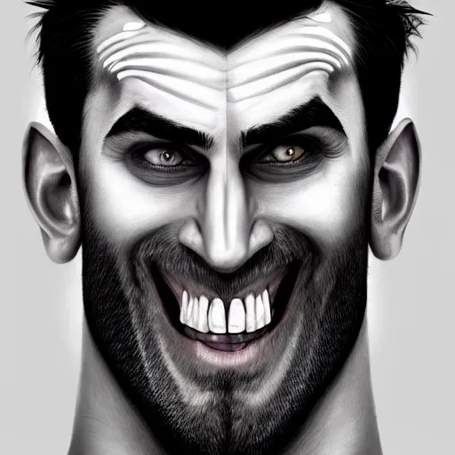 Image similar to x-ray scan of Beautiful face of very manly Gigachad with very big jaws, big eyebrows, smile like trollface jaw tilted on side, painting on grey scale face, powerful , magic, thunders, dramatic lighting, intricate, wild, highly detailed, digital painting, artstation, concept art, smooth, sharp focus, illustration, art by artgerm and greg rutkowski and alphonse mucha, footage