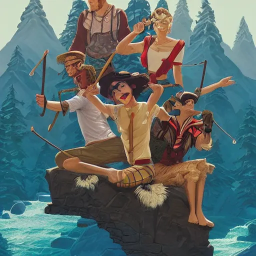 Prompt: a beautiful scenic painting of a group of adventurers by artgerm and wlop and wes anderson and spike jonze