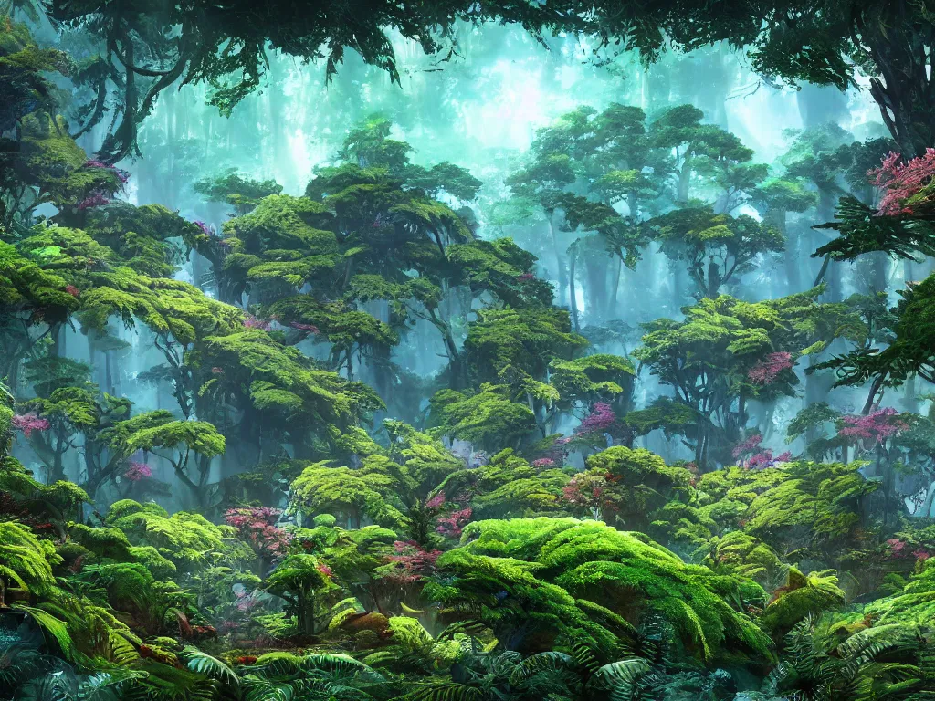 Image similar to a beautiful otherworldly fantasy landscape of dense mechanical shattered lush ferns and evergreen trees in hyper detail like the pacific northwest, vivid glowing colors, extreme detail, studio ghibli and pixar and abzu, rendering, cryengine, deep colors, aerial perspective, epic scale, vray render, cgsociety