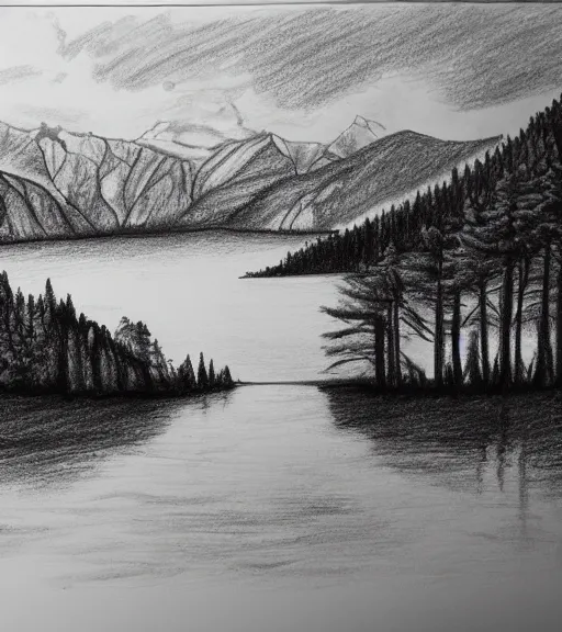 Image similar to a drawing of lago di sorapis, in the style of den yakovlev, black and white, hyper realistic, highly detailed